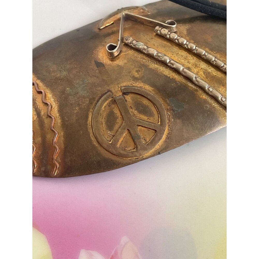 Vintage 60's Hippy Brass Large Pendant Peace Sign Leather chord - Picture 9 of 14